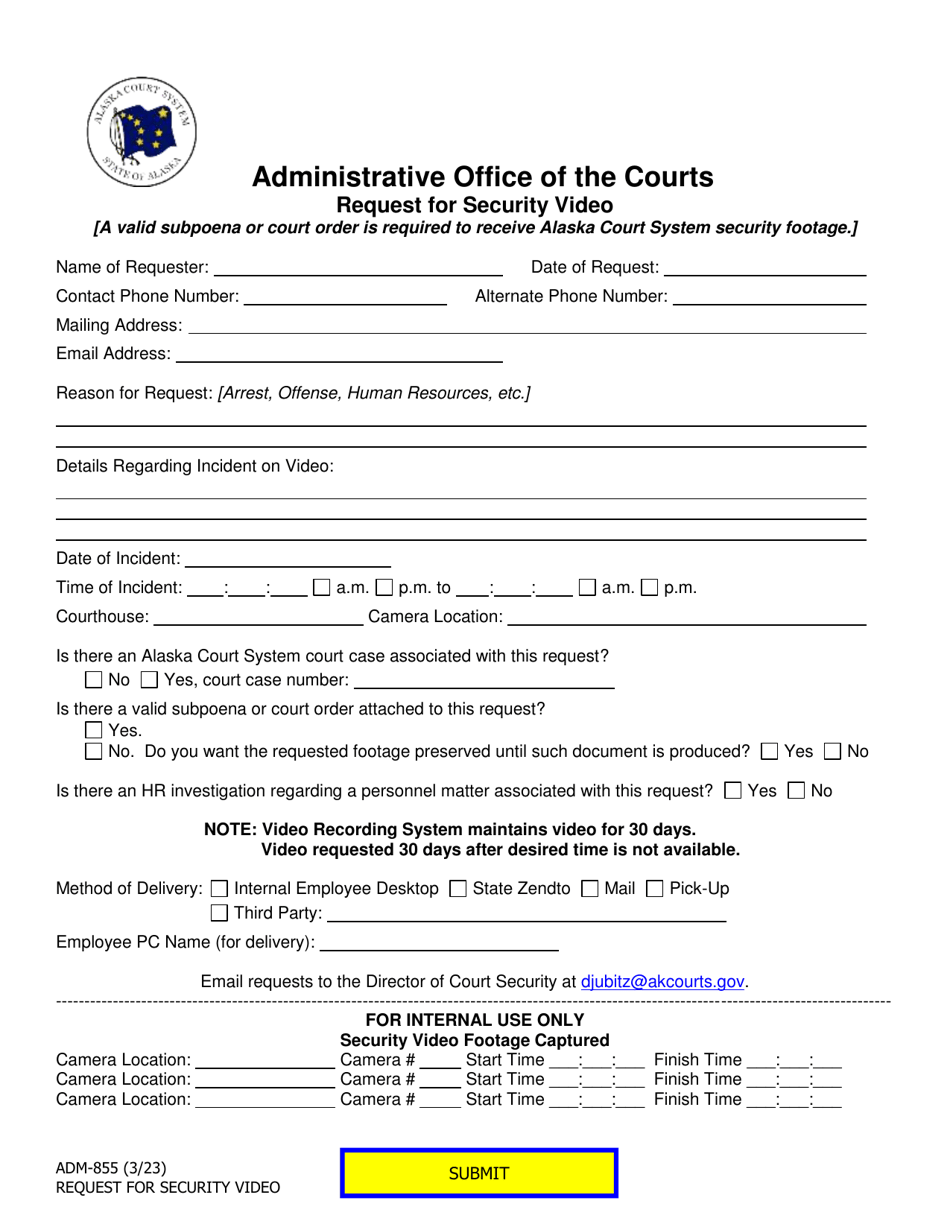 Form ADM-855 Request for Security Video - Alaska, Page 1