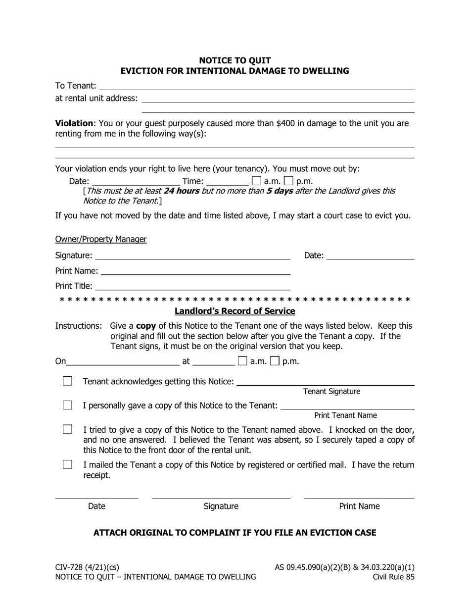 Form CIV-728 Notice to Quit Eviction for Intentional Damage to Dwelling - Alaska, Page 1