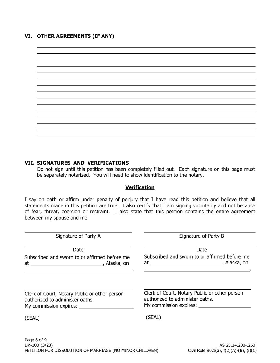 Form DR-100 Petition for Dissolution of Marriage (No Minor Children) - Alaska, Page 8