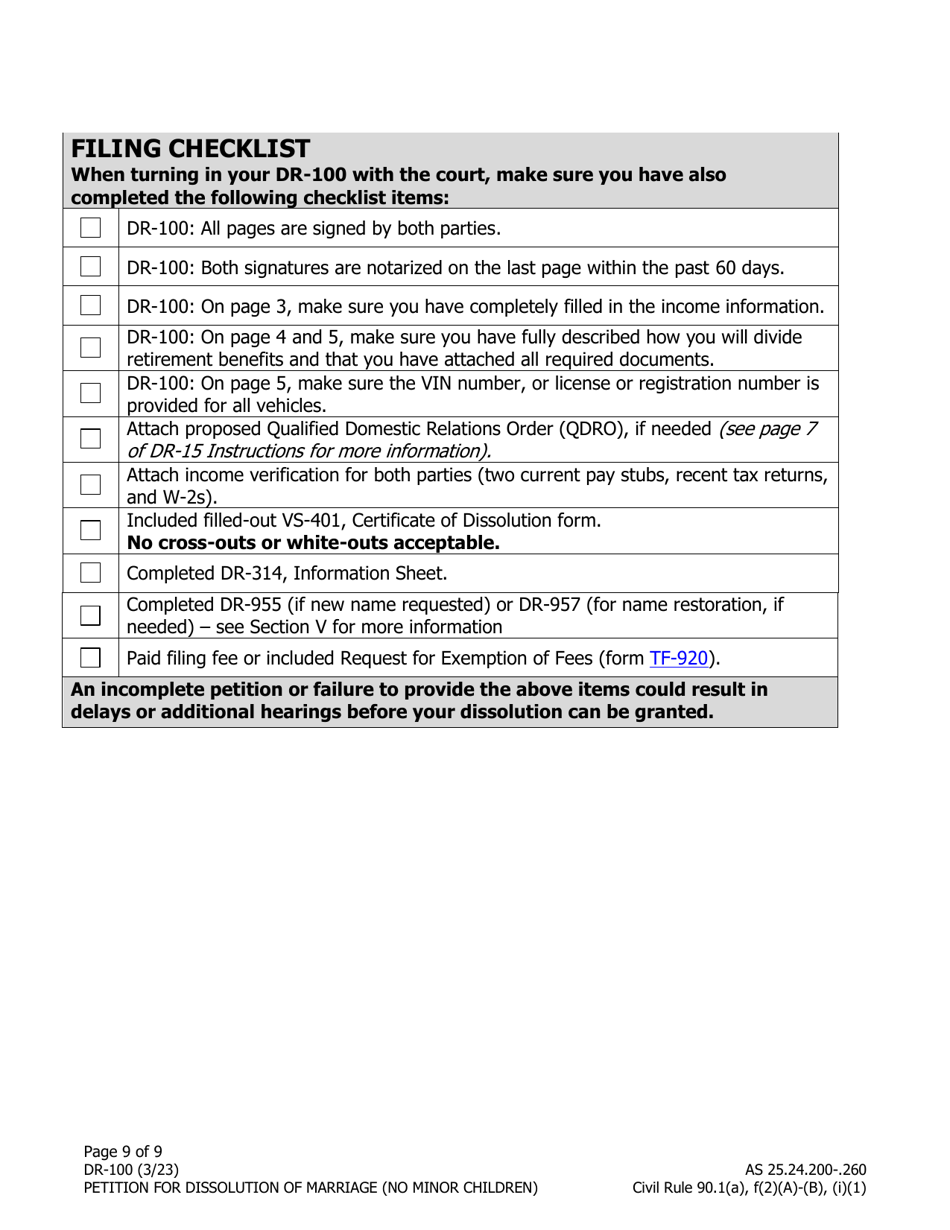 Form DR-100 Petition for Dissolution of Marriage (No Minor Children) - Alaska, Page 9