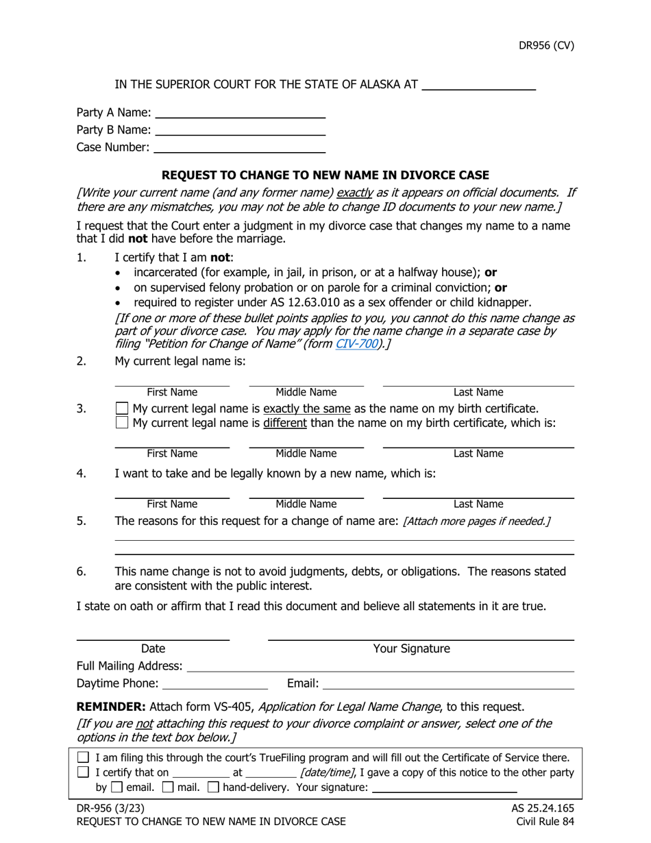 Form DR-956 Request to Change to New Name in Divorce Case - Alaska, Page 1