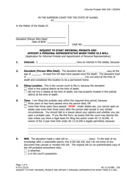 Document preview: Form P-315 Request to Start Informal Probate and Appoint a Personal Representative When There Is a Will (Application for Informal Probate and Appointment of Personal Representative) - Alaska