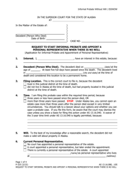 Document preview: Form P-325 Request to Start Informal Probate and Appoint a Personal Representative When There Is No Will - Alaska