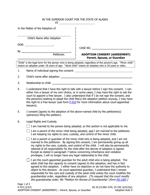 Form P-415 Adoption Consent (Agreement) - Parent, Spouse, or Guardian - Alaska