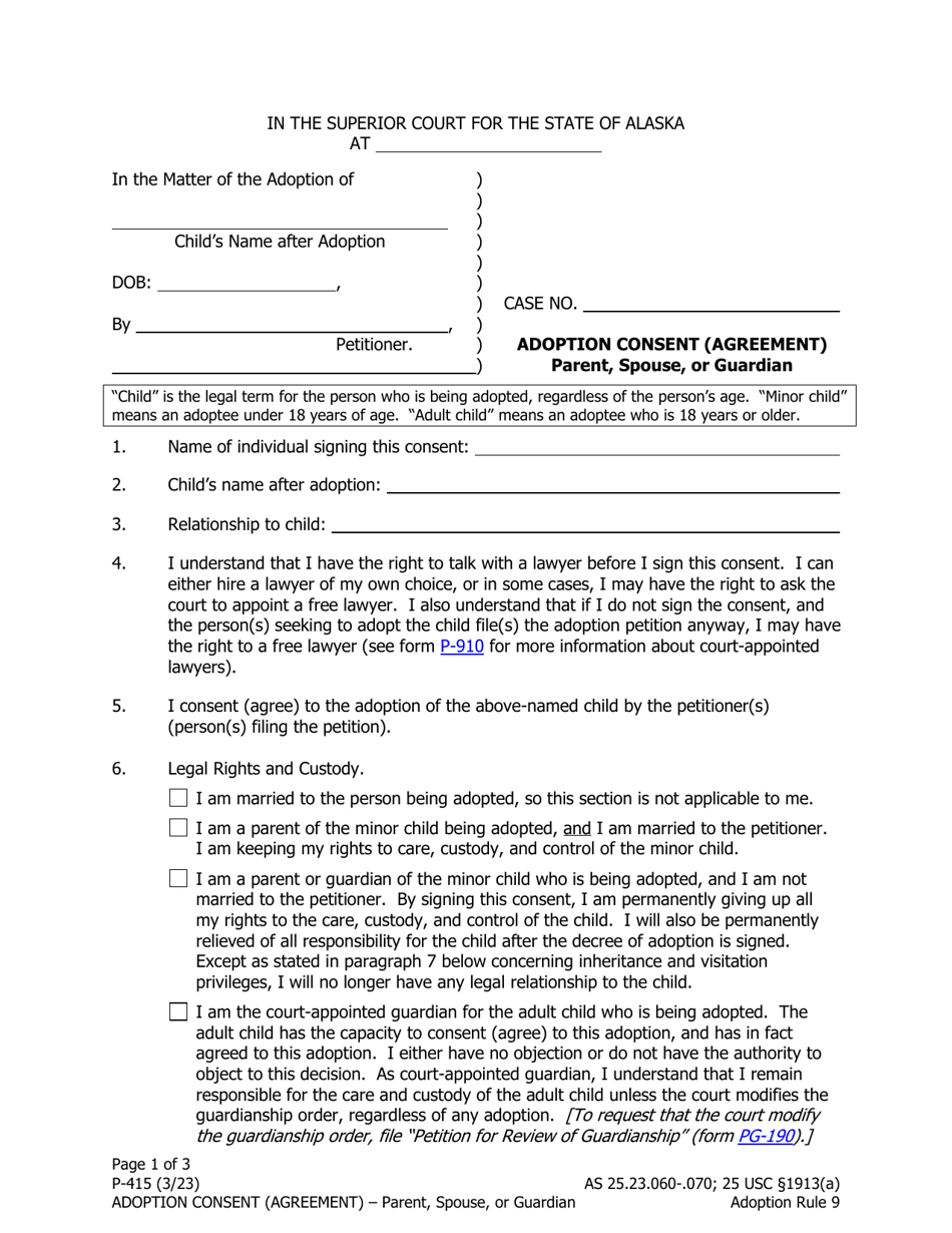 Form P-415 Adoption Consent (Agreement) - Parent, Spouse, or Guardian - Alaska, Page 1