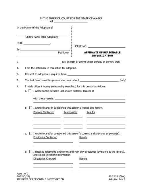 Form P-455 Affidavit of Reasonable - Investigation - Alaska