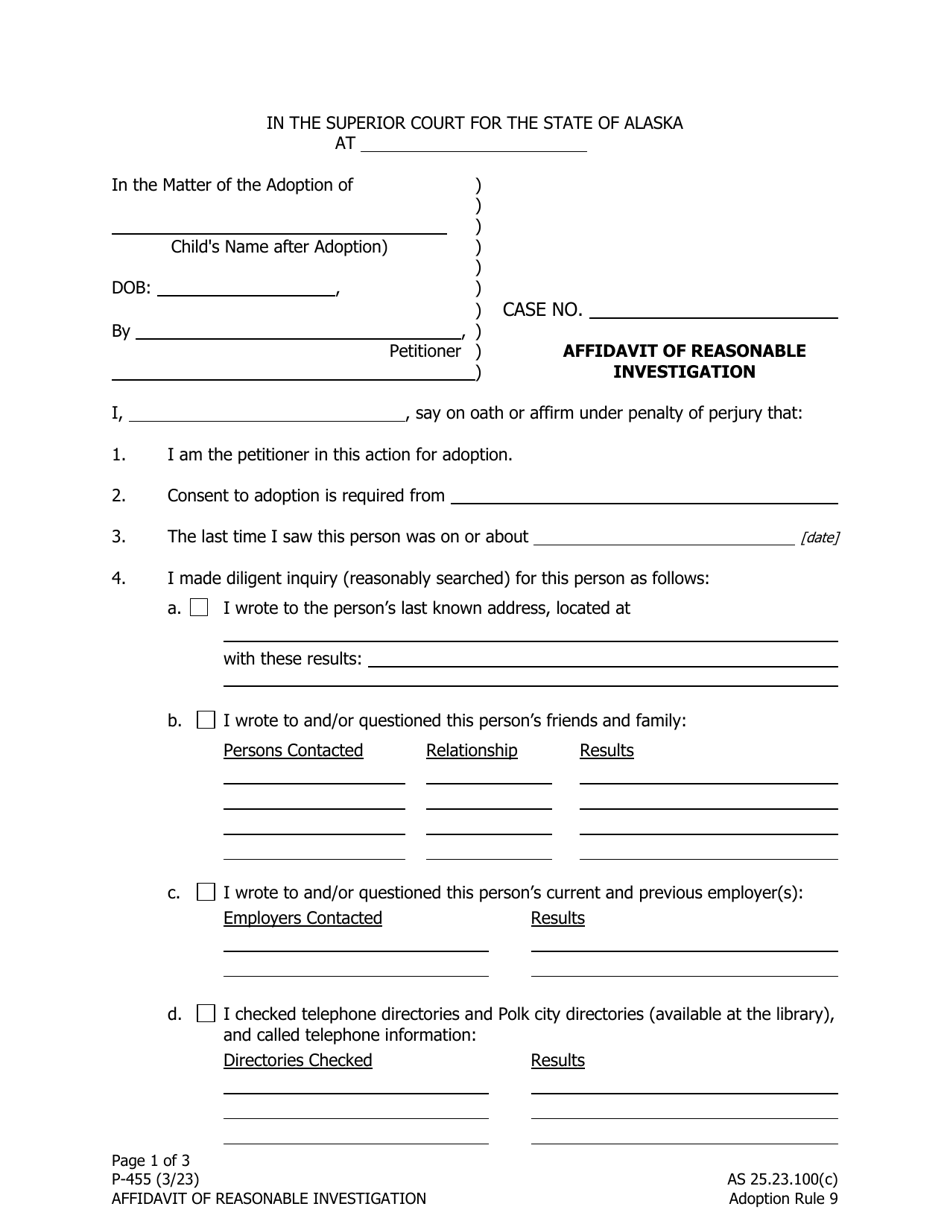 Form P-455 Affidavit of Reasonable - Investigation - Alaska, Page 1