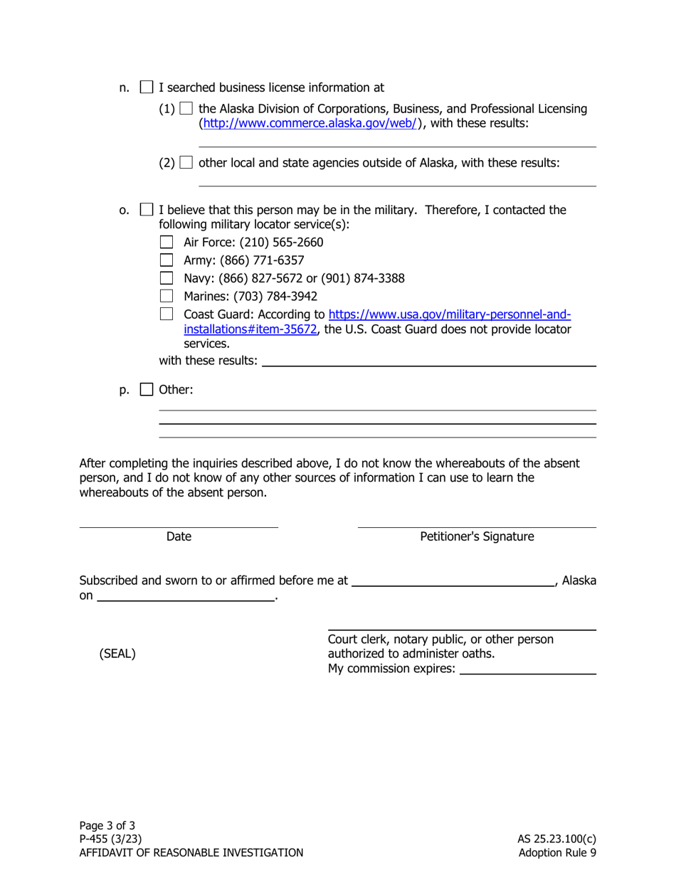 Form P-455 Affidavit of Reasonable - Investigation - Alaska, Page 3