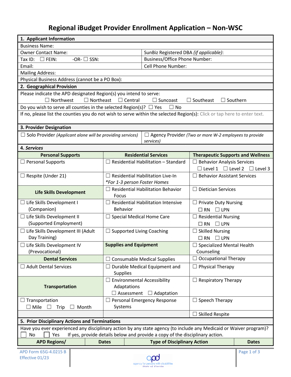 APD Form 65G-4.0215 B Regional Ibudget Provider Enrollment Application - Non-wsc - Florida, Page 1