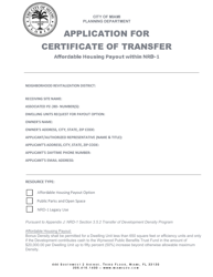 Document preview: Application for Certificate of Transfer - Affordable Housing Payout Within Nrd-1 - City of Miami, Florida