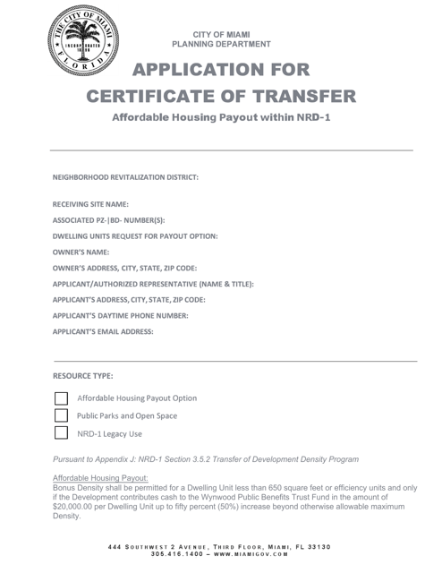 Application for Certificate of Transfer - Affordable Housing Payout Within Nrd-1 - City of Miami, Florida