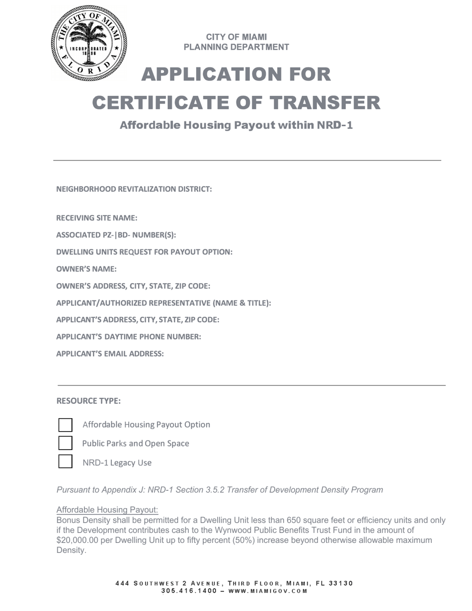 Application for Certificate of Transfer - Affordable Housing Payout Within Nrd-1 - City of Miami, Florida, Page 1