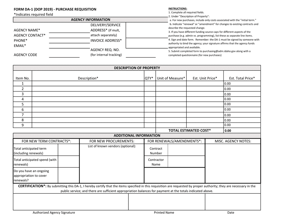 Form DA-1 Purchase Requisition - Idaho, Page 1