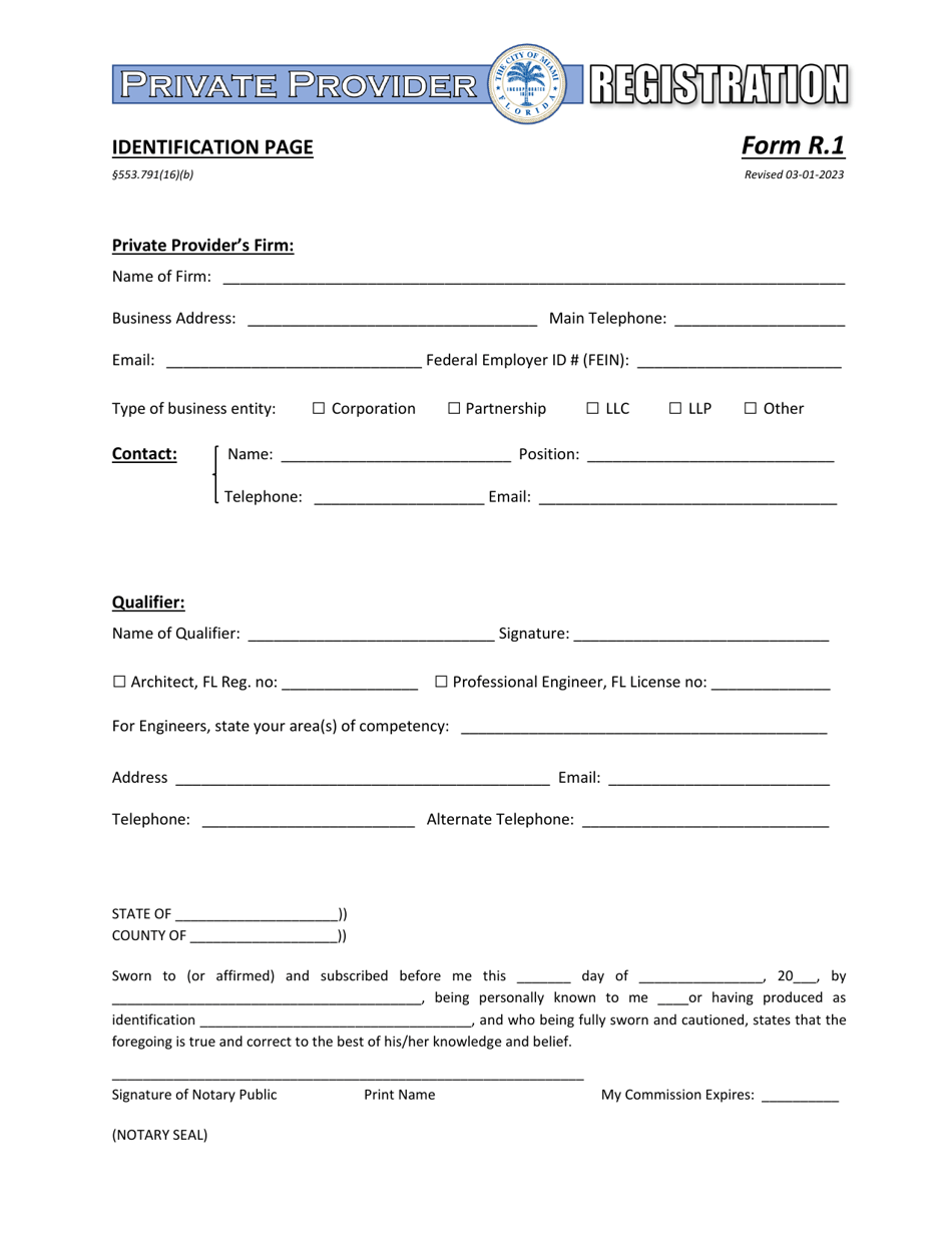 Form R.1 Identification Page - Private Provider Program - City of Miami, Florida, Page 1