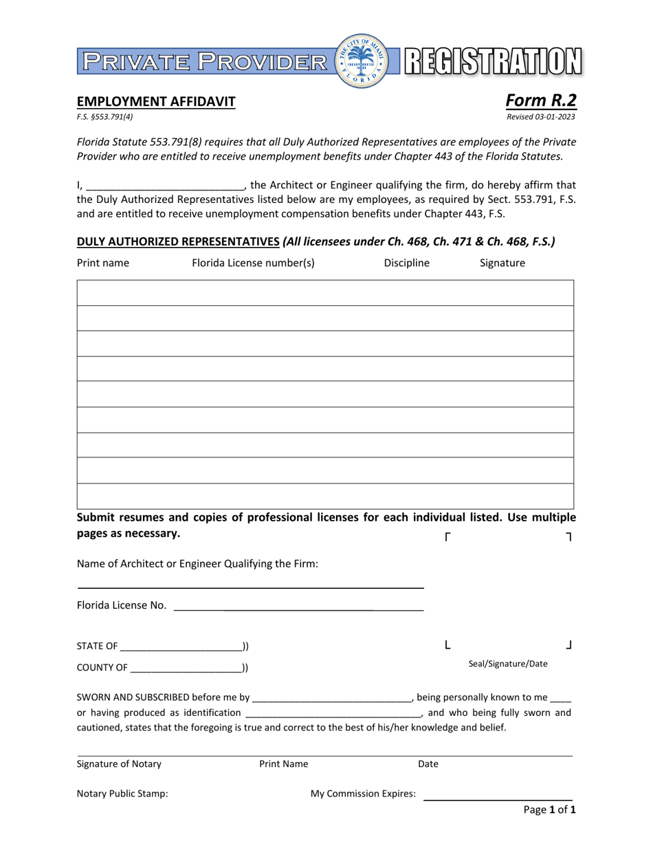 Form R.2 Employment Affidavit - Private Provider Program - City of Miami, Florida, Page 1