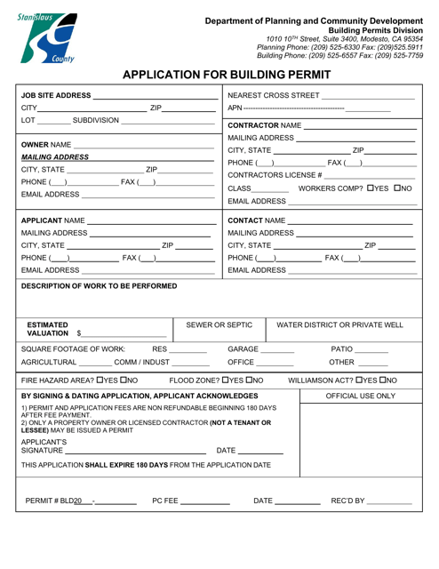 Application for Building Permit - Stanislaus County, California Download Pdf