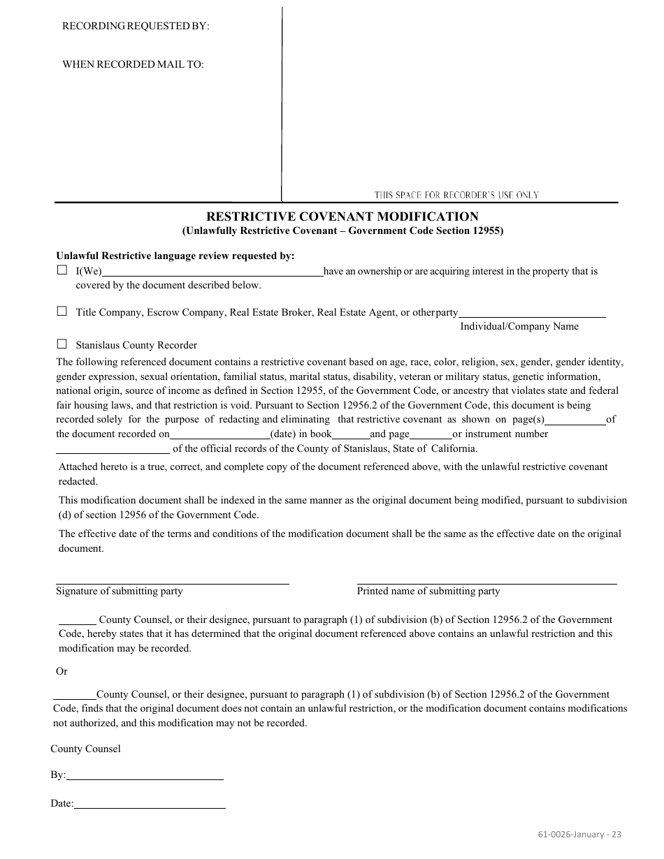 Form 61-0026 Restrictive Covenant Modification - County of San Diego, California, Page 1