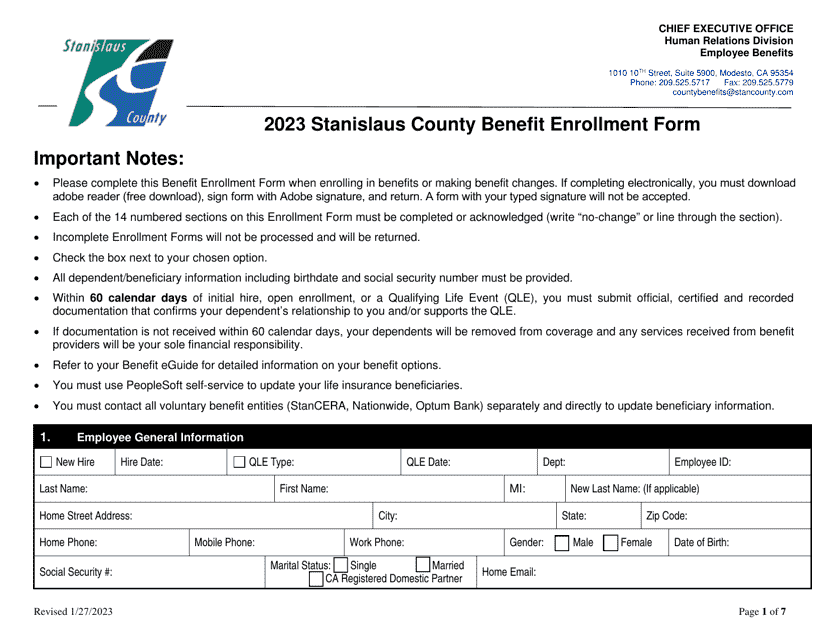 Employee Benefit Enrollment Form - Stanislaus County, California Download Pdf