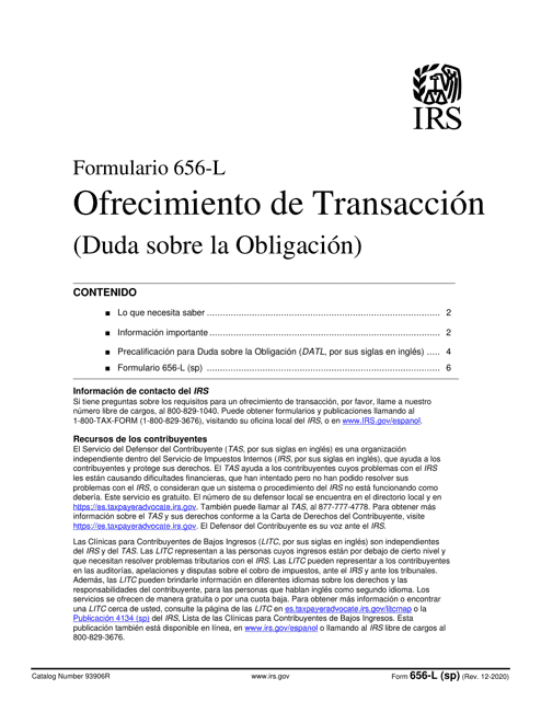 IRS Formulario 656-L (SP) Ofrecimiento De Transaccion (Duda Sobre La Obligacion) (Spanish)