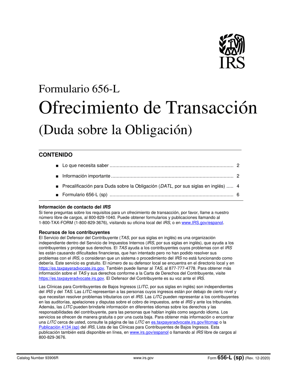 IRS Formulario 656-L (SP) Ofrecimiento De Transaccion (Duda Sobre La Obligacion) (Spanish), Page 1