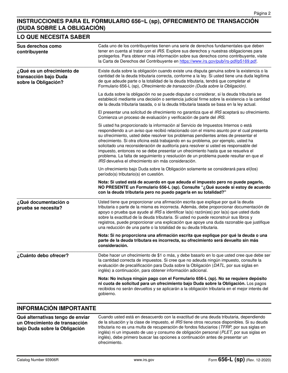 IRS Formulario 656-L (SP) Ofrecimiento De Transaccion (Duda Sobre La Obligacion) (Spanish), Page 2