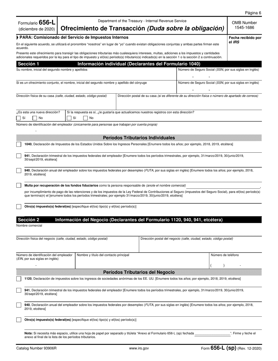 IRS Formulario 656-L (SP) Ofrecimiento De Transaccion (Duda Sobre La Obligacion) (Spanish), Page 6