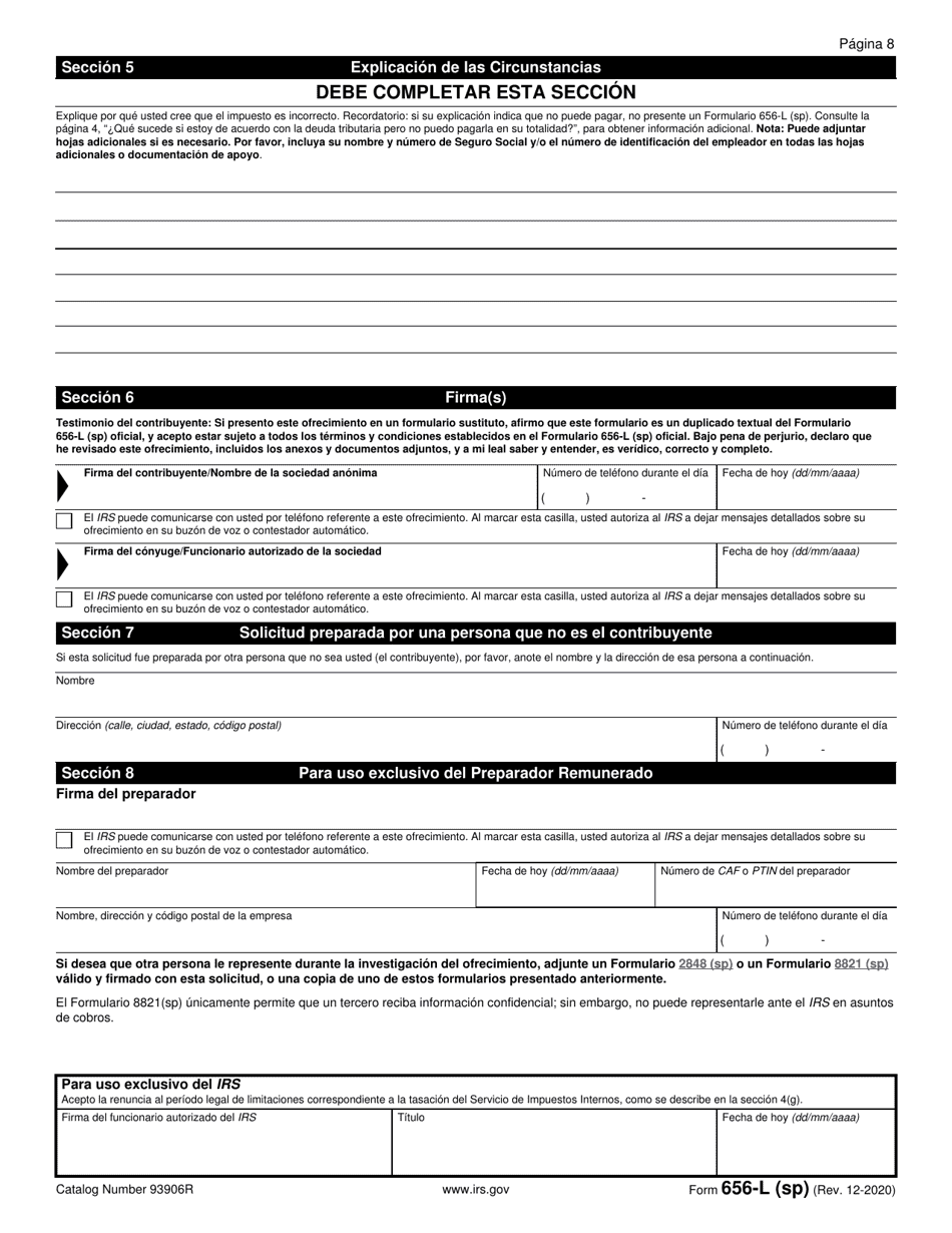 IRS Formulario 656-L (SP) Ofrecimiento De Transaccion (Duda Sobre La Obligacion) (Spanish), Page 8