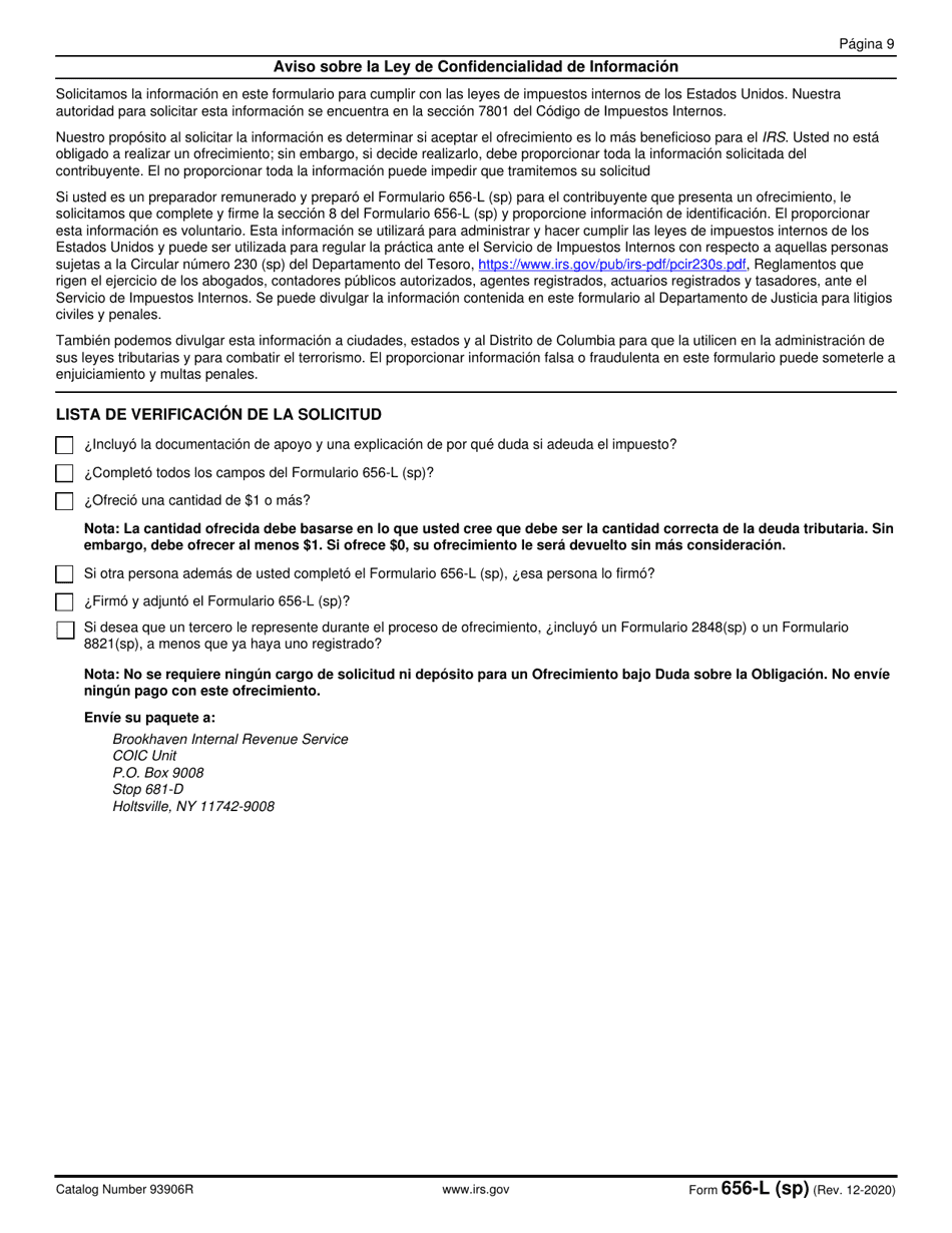 IRS Formulario 656-L (SP) Ofrecimiento De Transaccion (Duda Sobre La Obligacion) (Spanish), Page 9