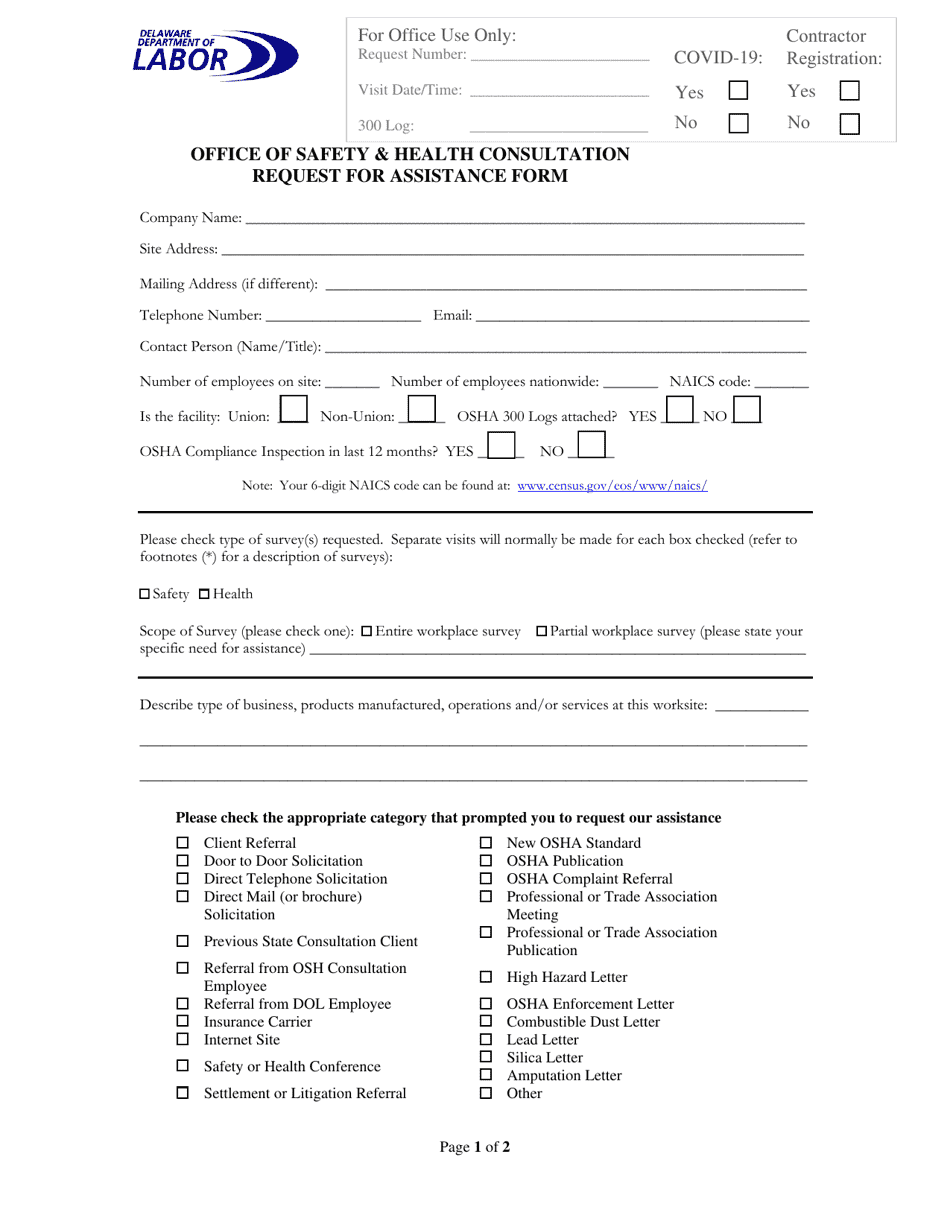 Request for Assistance Form - Delaware, Page 1