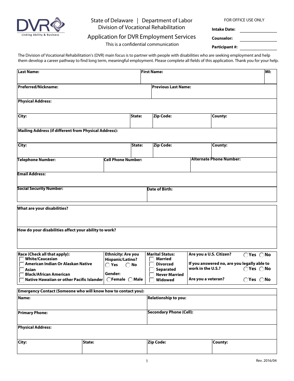 Application for Dvr Employment Services - Delaware, Page 1