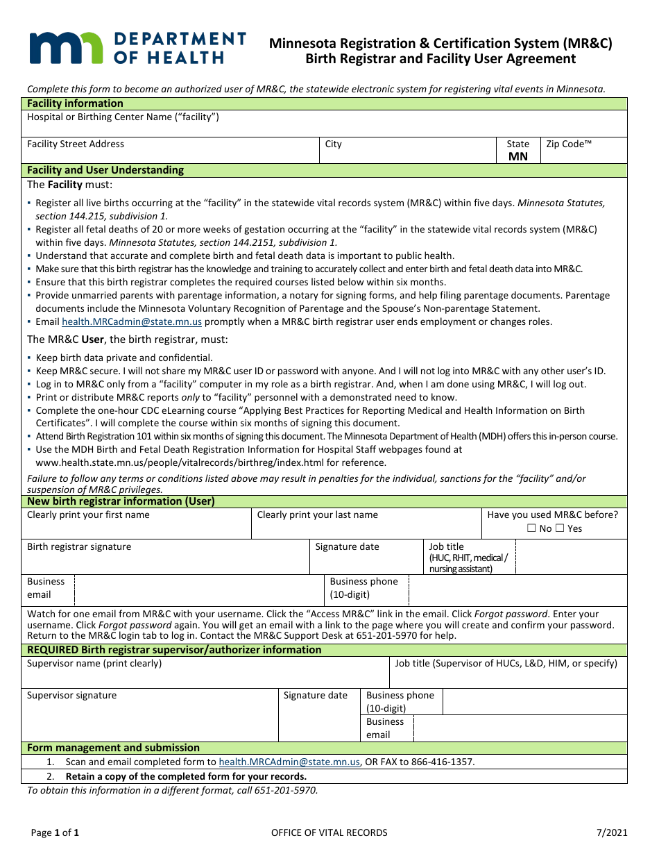 Minnesota Registration  Certification System (Mrc) Birth Registrar and Facility User Agreement - Minnesota, Page 1