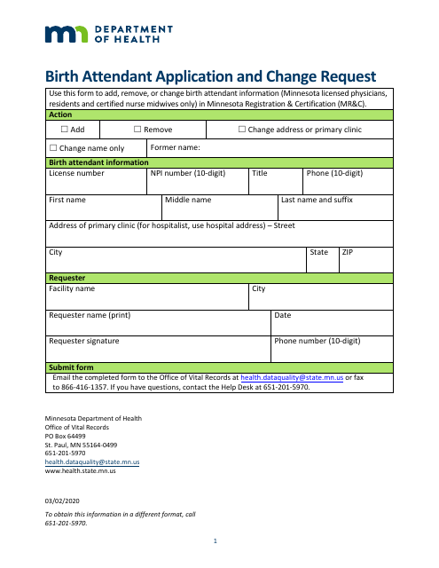 Birth Attendant Application and Change Request - Minnesota Download Pdf