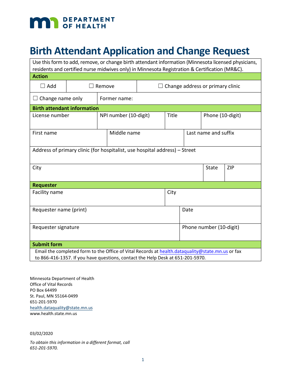 Birth Attendant Application and Change Request - Minnesota, Page 1