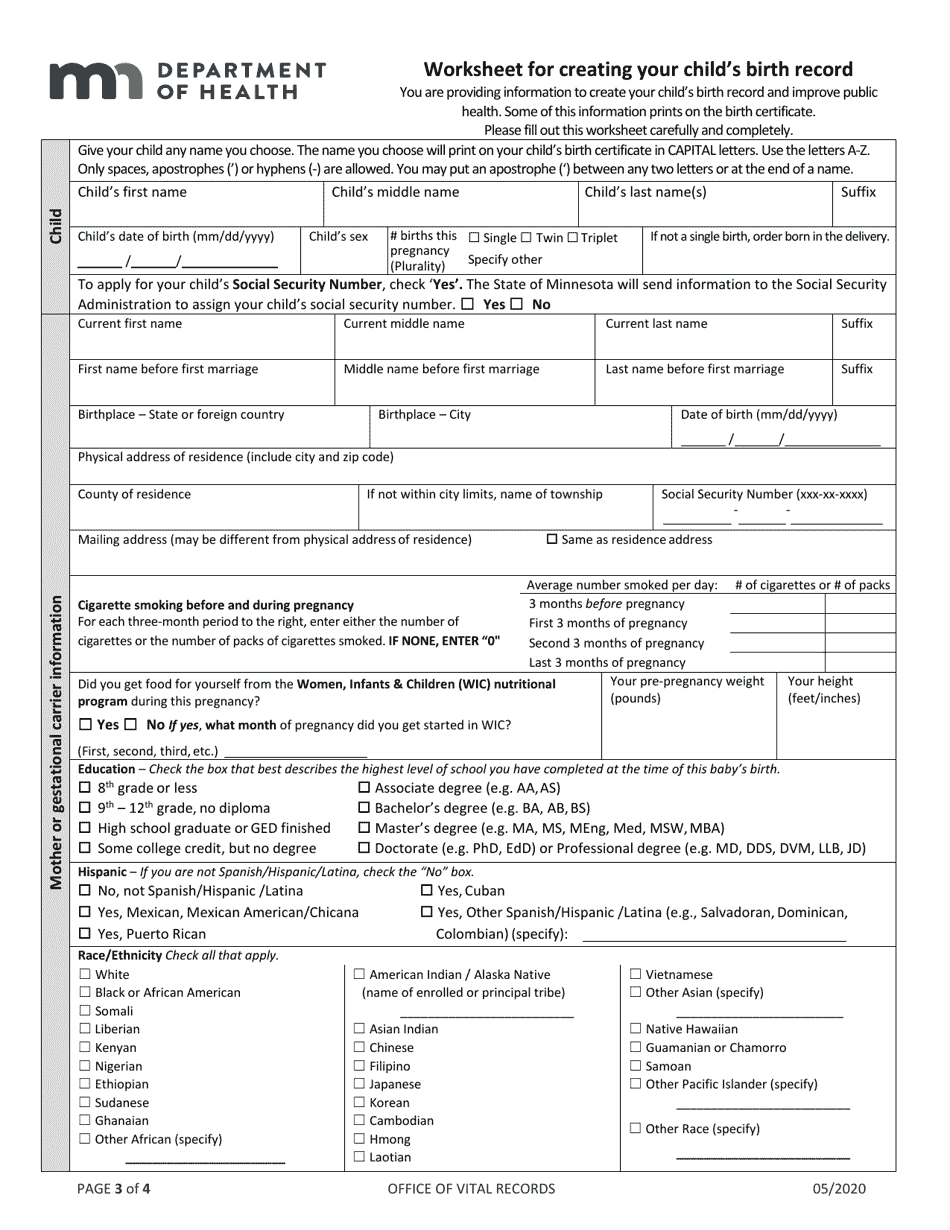 Minnesota Worksheet for Creating Your Child's Birth Record Download ...