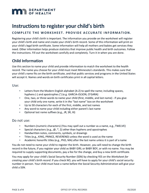 Worksheet for Creating Your Child's Birth Record - Minnesota Download Pdf