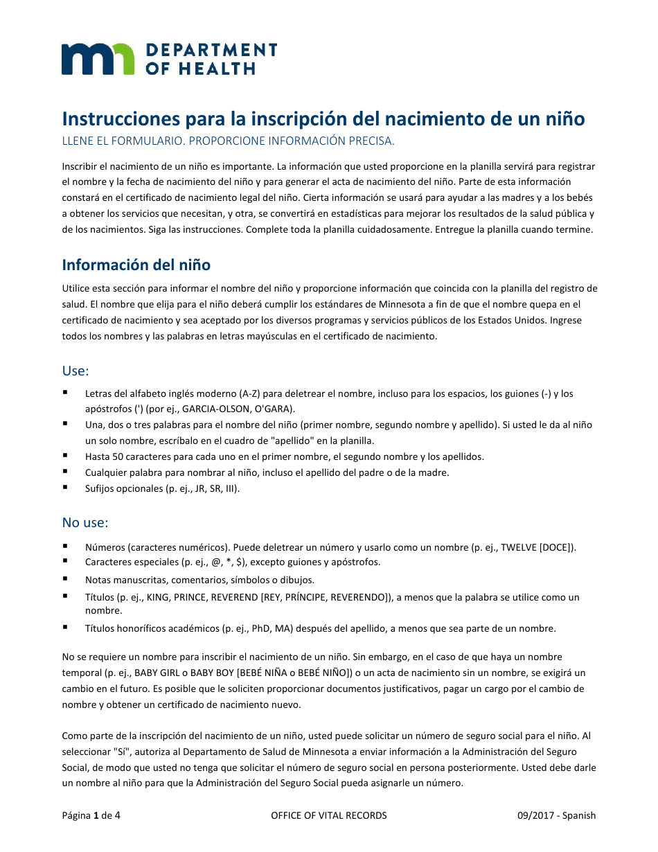 Planilla Para Generar El Acta De Nacimiento Del Nino - Minnesota (Spanish), Page 1