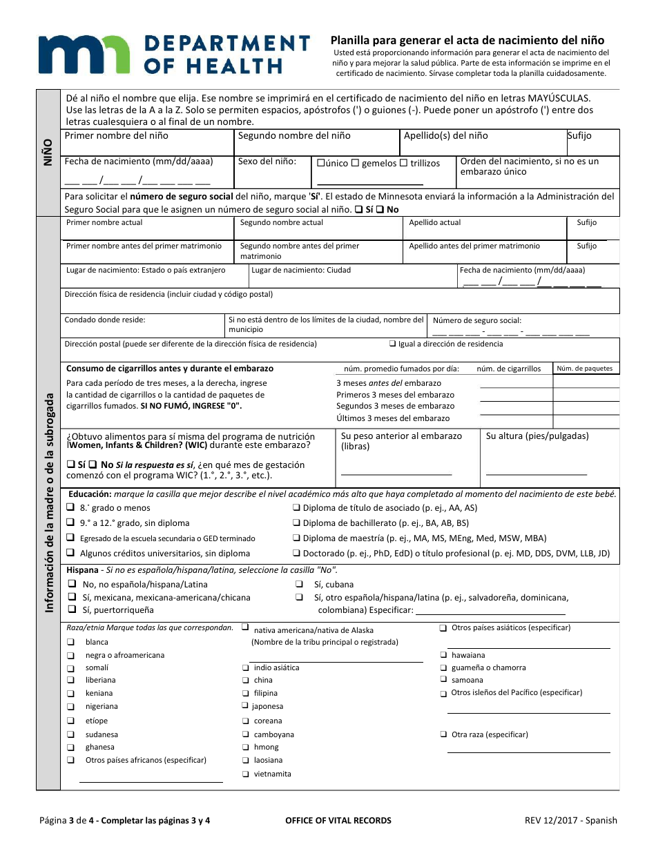 Planilla Para Generar El Acta De Nacimiento Del Nino - Minnesota (Spanish), Page 3