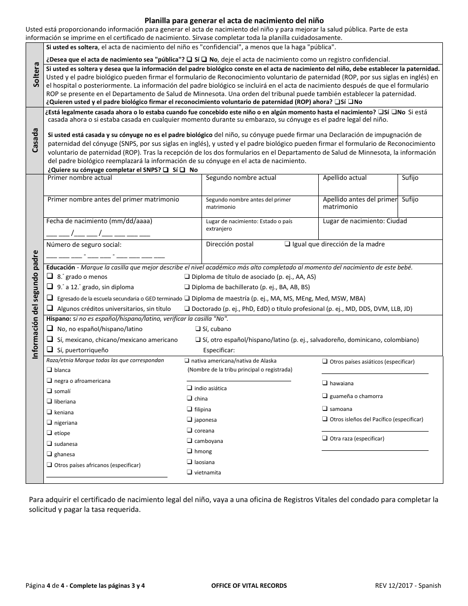 Planilla Para Generar El Acta De Nacimiento Del Nino - Minnesota (Spanish), Page 4