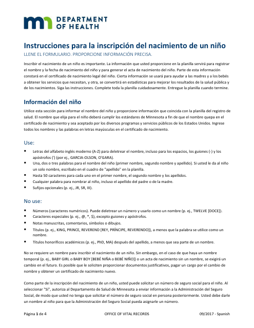 Planilla Para Generar El Acta De Nacimiento Del Nino - Minnesota (Spanish) Download Pdf