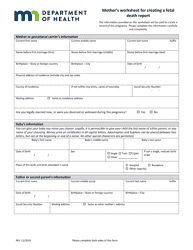 Document preview: Mother's Worksheet for Creating a Fetal Death Report - Minnesota