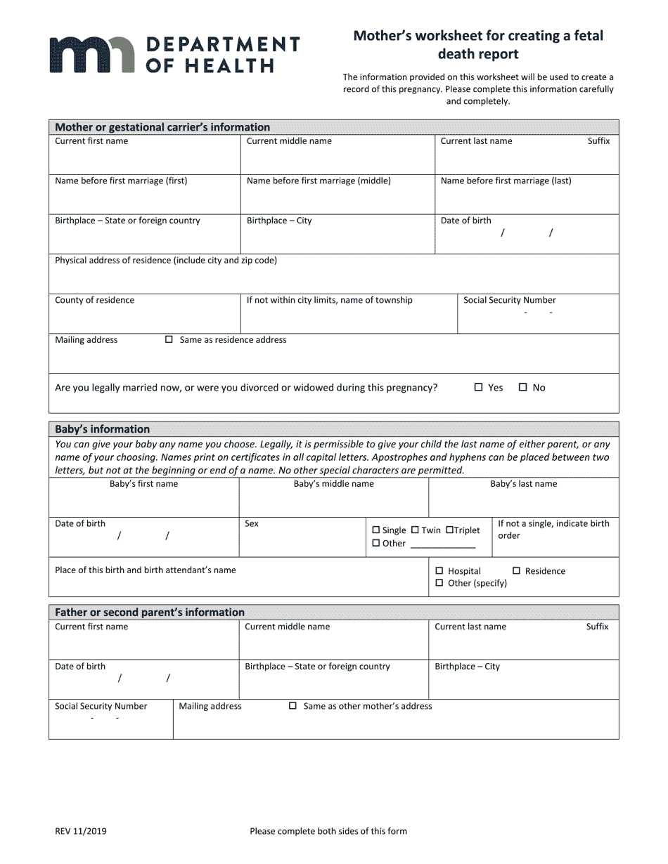 Mothers Worksheet for Creating a Fetal Death Report - Minnesota, Page 1