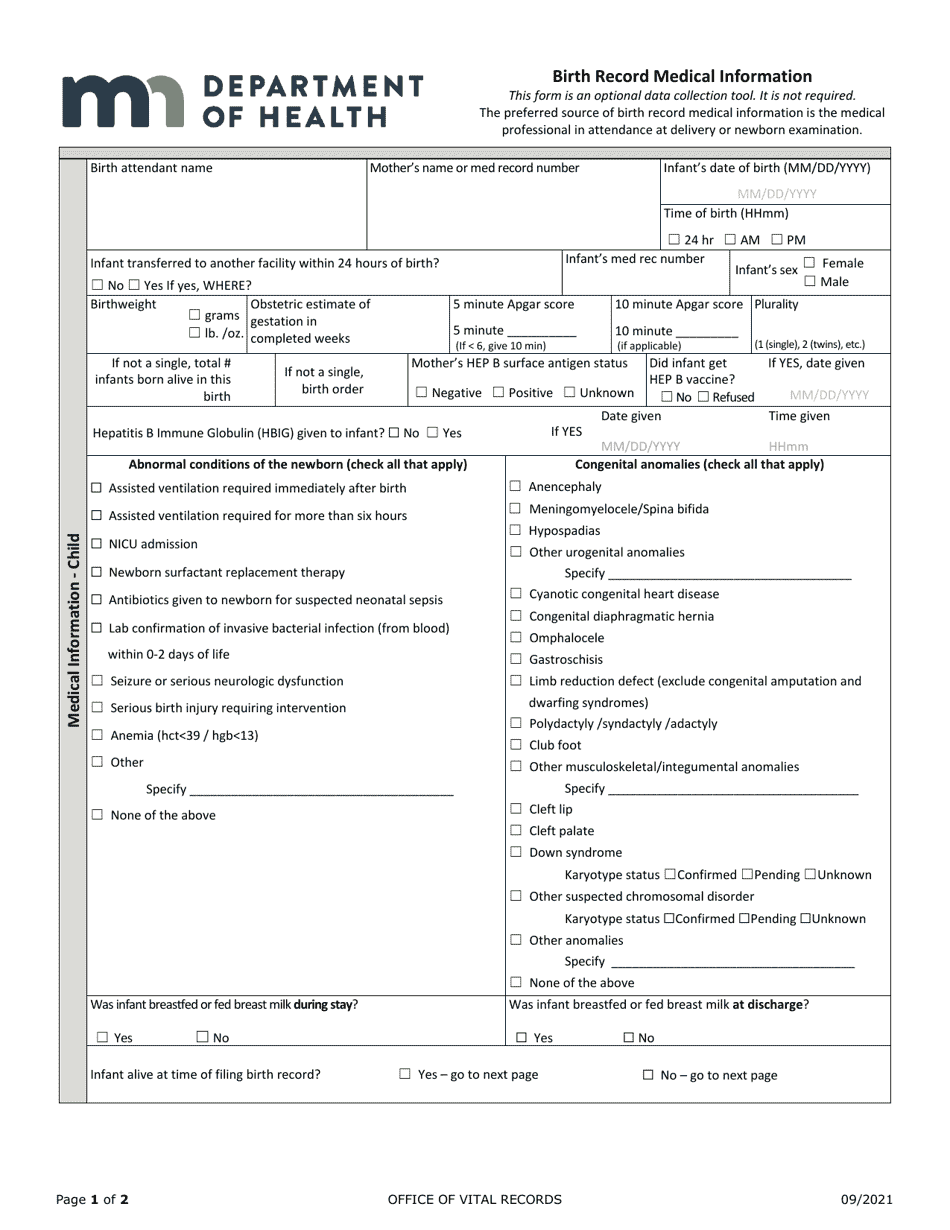 Birth Record Medical Information - Minnesota, Page 1