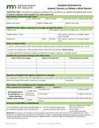 Document preview: Hospital Statement to Amend, Correct, or Delete a Birth Record - Minnesota