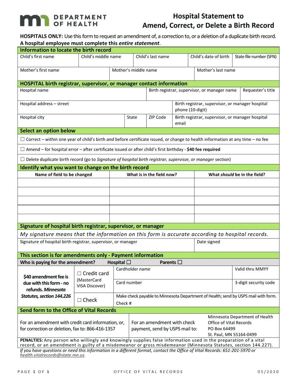 Hospital Statement to Amend, Correct, or Delete a Birth Record - Minnesota, Page 1