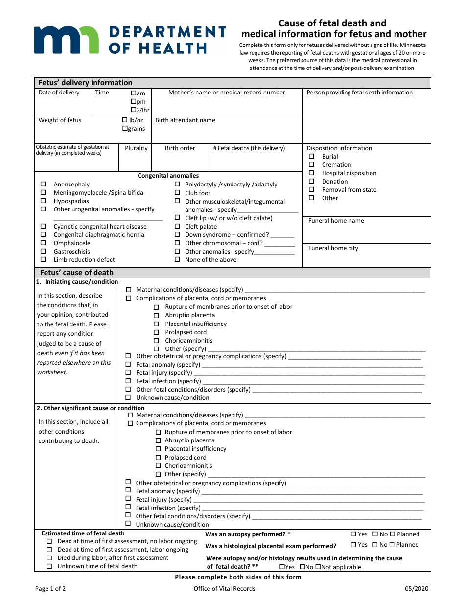 Minnesota Cause of Fetal Death and Medical Information for Fetus and ...