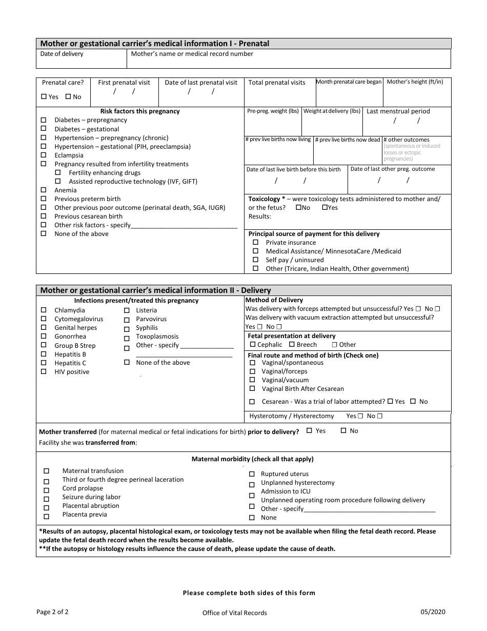 Minnesota Cause of Fetal Death and Medical Information for Fetus and ...