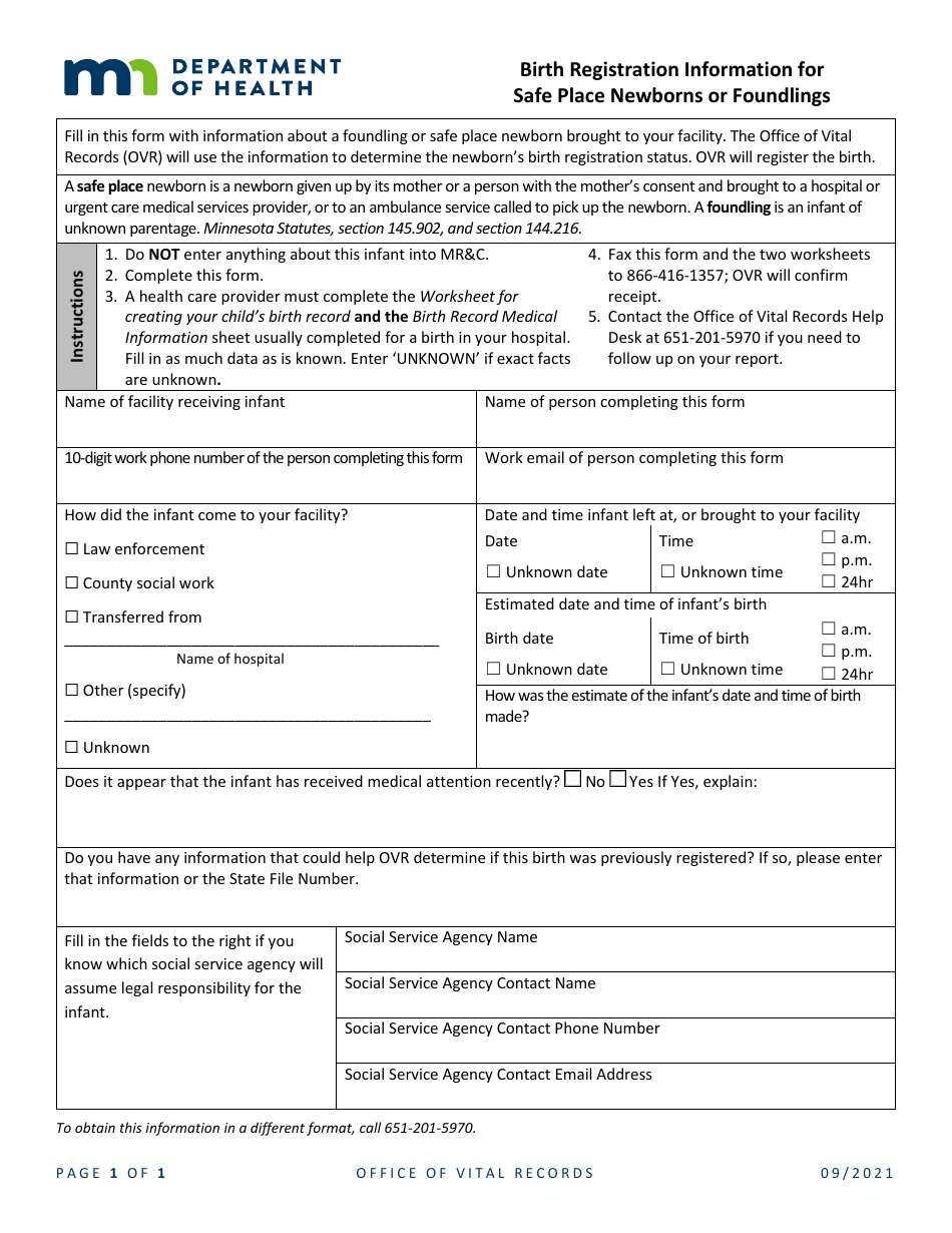 Birth Registration Information for Safe Place Newborns or Foundlings - Minnesota, Page 1
