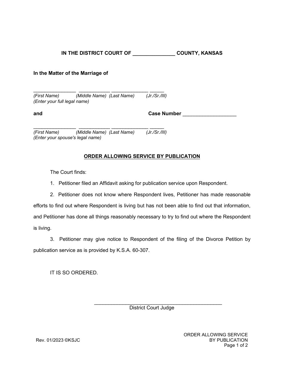 Order Allowing Service by Publication - Kansas, Page 1