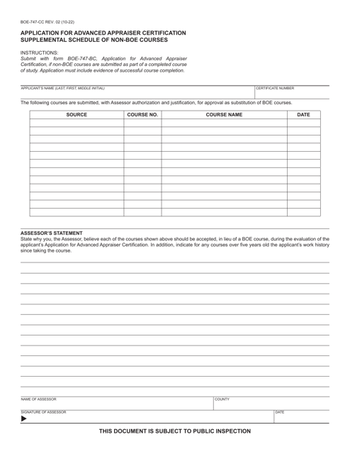 Form BOE-747-CC Application for Advanced Appraiser Certification Supplemental Schedule of Non-boe Courses - California