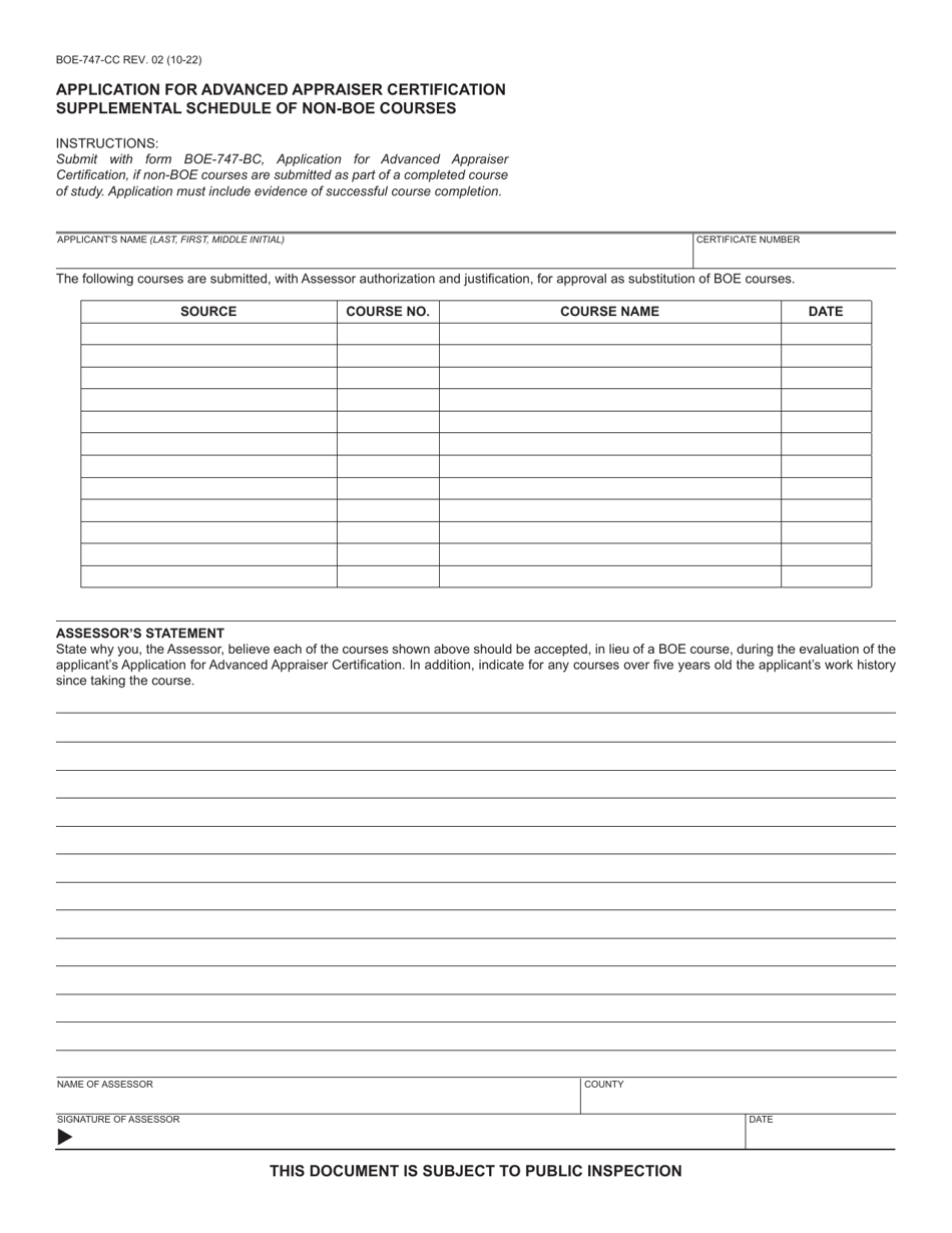 Form BOE-747-CC Application for Advanced Appraiser Certification Supplemental Schedule of Non-boe Courses - California, Page 1